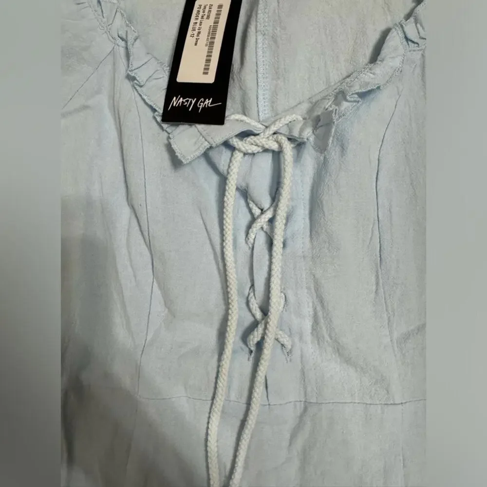 {SOLD} NWT Nasty Gal Light Blue Linen Lace Up Mini Dress- Size 8 - Picture 6 of 9